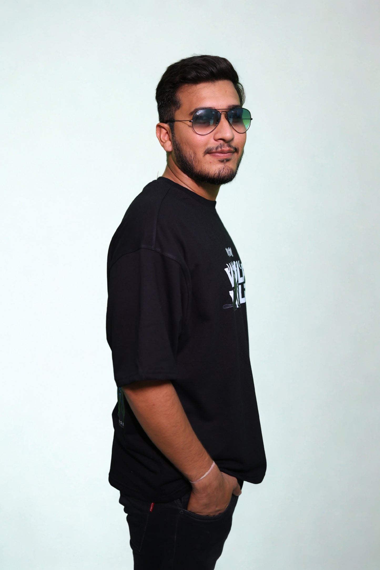 FRANCH TERRY BLACK DOWN SHOULDER TEE